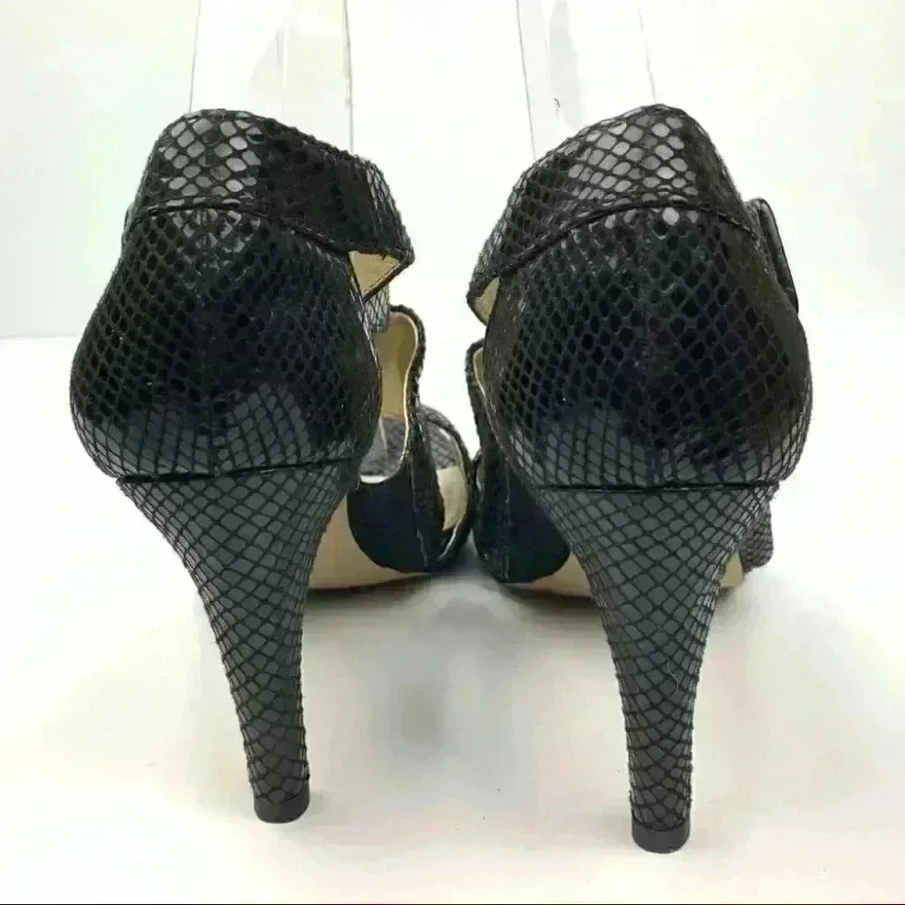Anne Klein Akouray heels sz 8.5 black leather snakeskin print Dorsay platforms